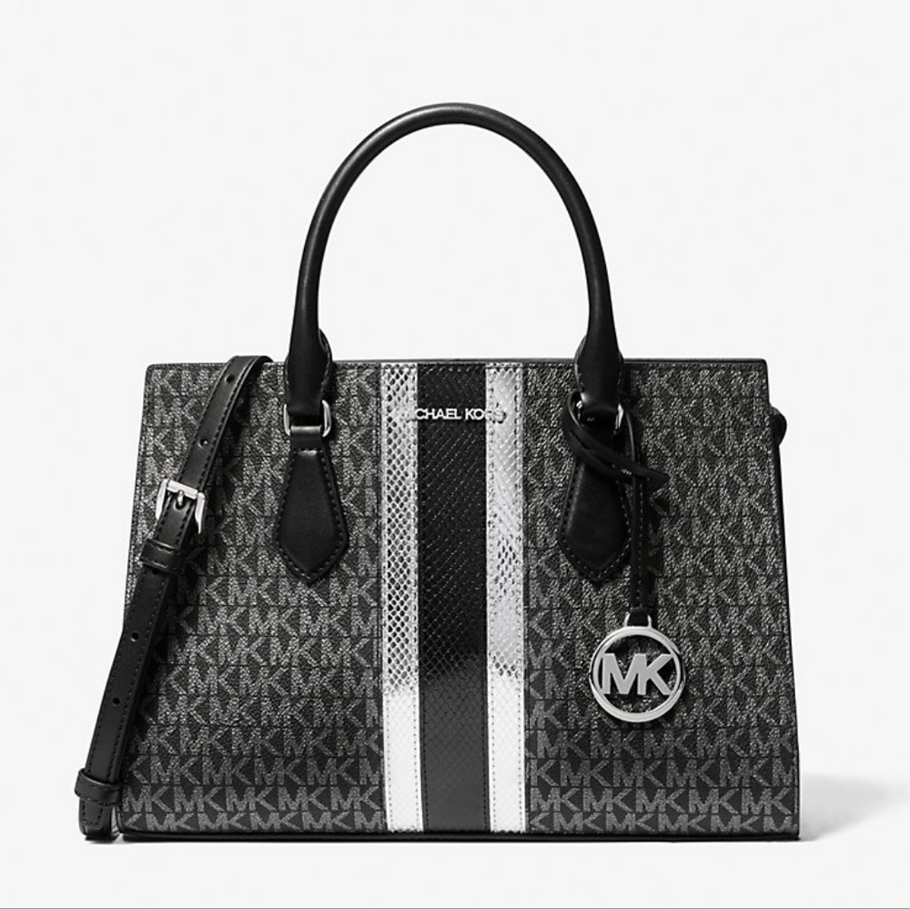 Michael Kors Sheila Medium Black Signature Logo and Metallic Satchel